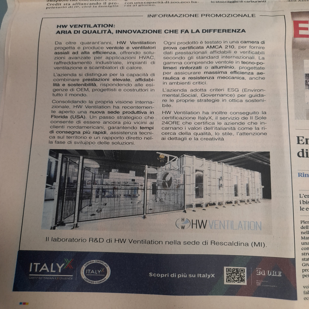 HW Ventilation su Il Sole 24 Ore